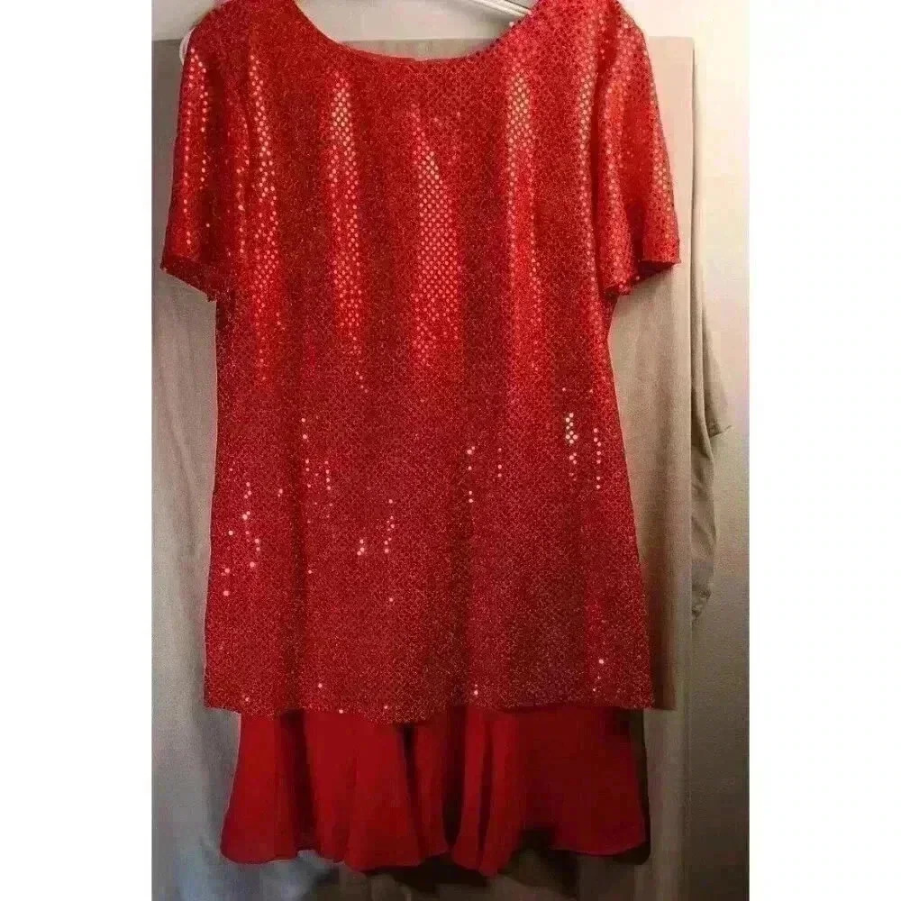 MOLLY MALLOY Vintage Ladies Red Sequined 2-Layer Dress SZ 12 Short Sleeve